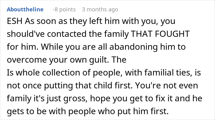 Screenshot of a comment discussing single mom abandoning toddler and parents trying to restart life with family concerns.
