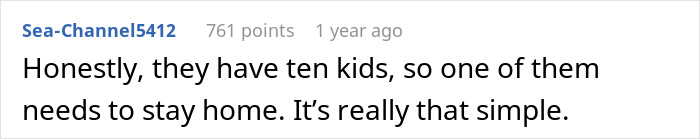 Text comment saying one of ten kids needs to stay home, relating to parents siblings Austria babysitting discussion. Text comment saying one of ten kids needs to stay home, relating to parents siblings Austria babysitting discussion.