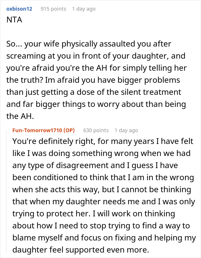 Reddit comments discussing telling wife why daughter doesn&rsquo;t trust and navigating family conflict and support.