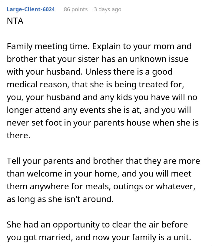 Screenshot of a user comment discussing family tensions involving a woman forbidding her brother-in-law contact.