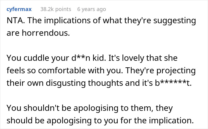 Screenshot of a Reddit comment defending a 15-year-old cuddling with dad against in-laws accusing him of crossing limits.