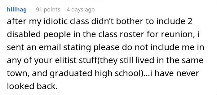 Text post about a man refusing to attend a class reunion after former bullies excluded disabled classmates from the roster.