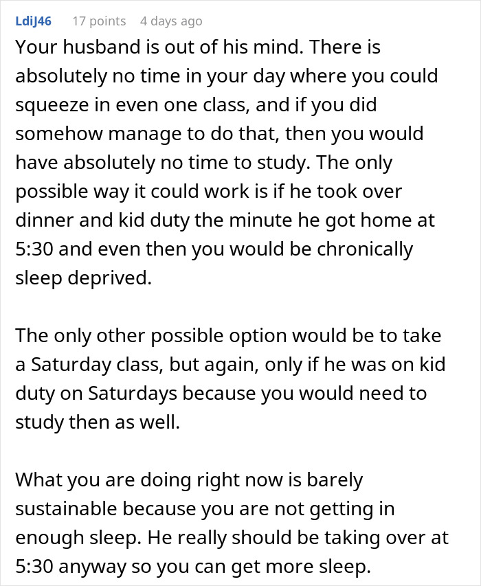 Comment discussing challenges when a husband expects his wife to work, study full-time, and care for two kids.