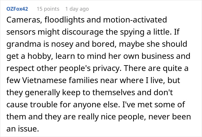 Comment discussing neighbor&rsquo;s mom drilling holes in fence to spy and implications on privacy and community relations.