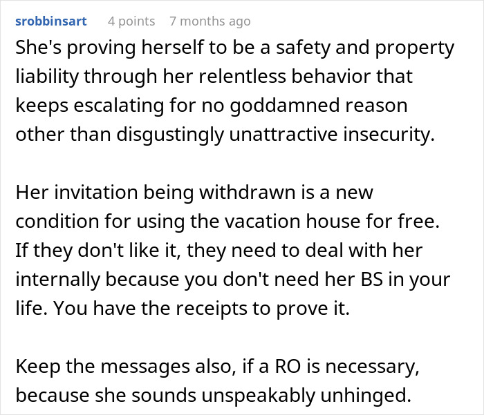 Comment discussing a woman considering canceling a friend&rsquo;s holiday booking after issues with her brother&rsquo;s girlfriend.