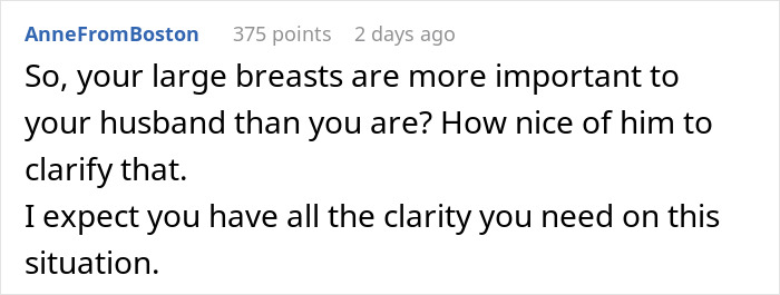 Commenter responding to a husband&rsquo;s ultimatum about plastic surgery, discussing relationship and husband reduction.