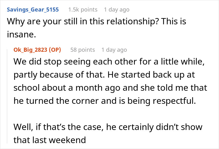 Reddit comments discussing a man walking out during his girlfriend&rsquo;s son&rsquo;s early morning mountain biking meltdown.