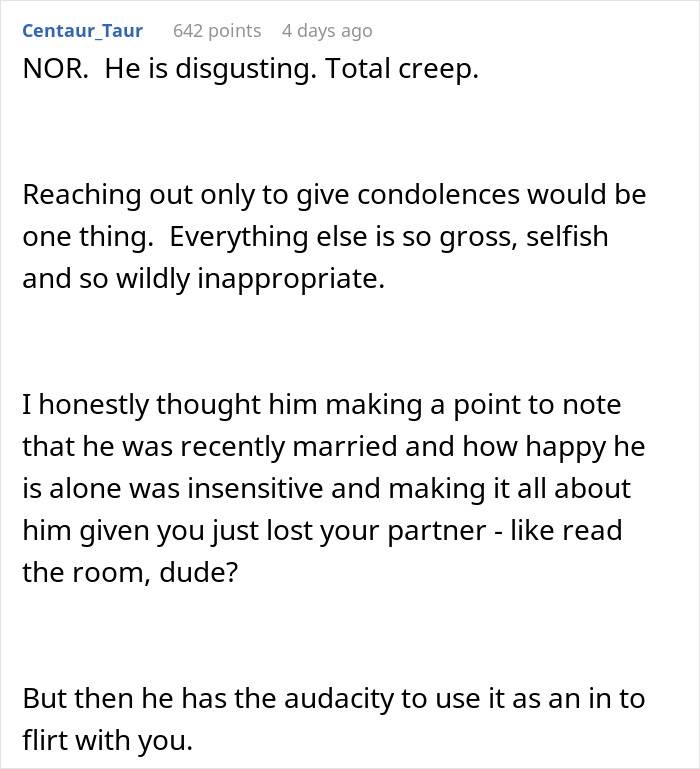 Commenter condemning a friend who started messaging after boyfriend died, calling behavior selfish and inappropriate.