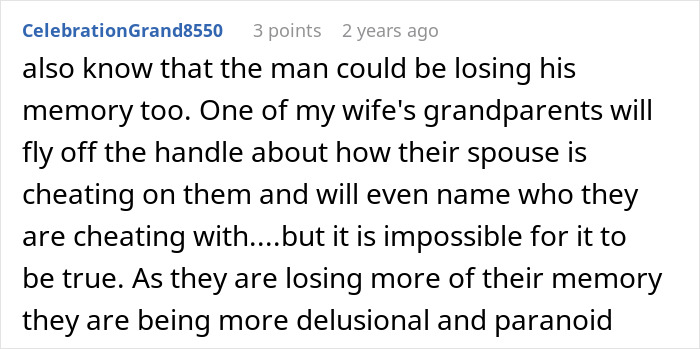 Comment discussing memory loss affecting elderly perceptions of spouse affairs in a conversation about a couple confronted on a walk.