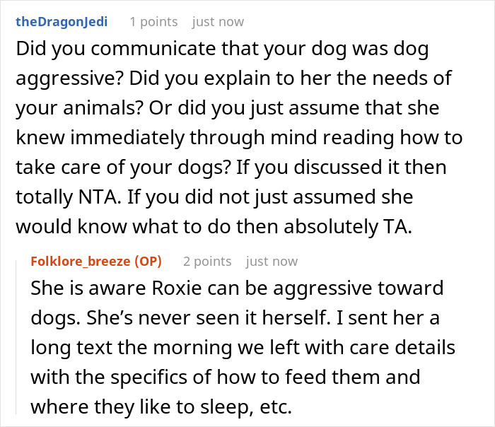 Screenshot of a discussion about a friend&rsquo;s dog care, focusing on dog aggression and house sitting responsibilities.