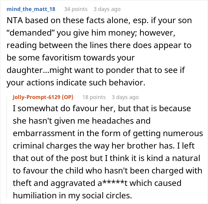 Reddit user discussion about paying off daughter student loans and perceived favoritism compared to son with criminal charges.
