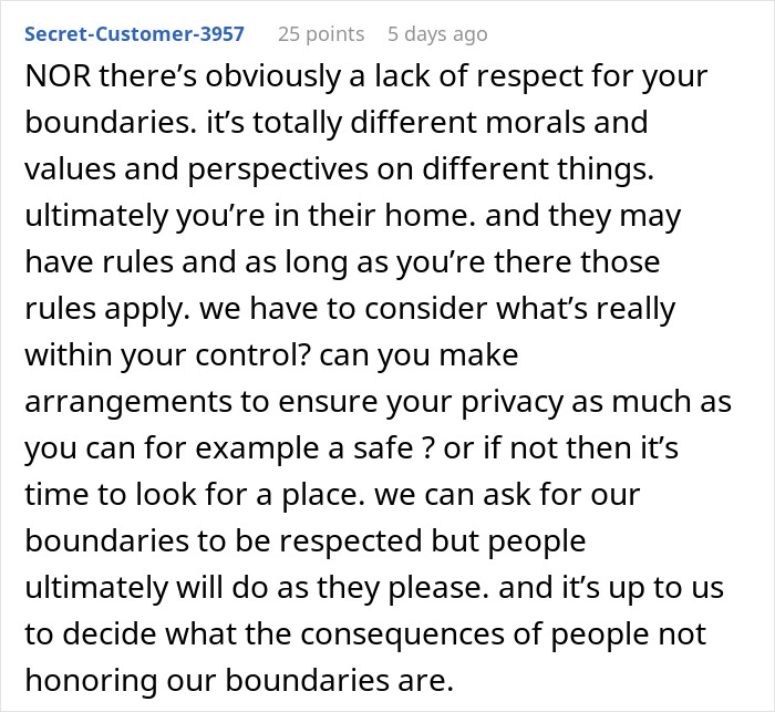 Screenshot of a forum comment discussing respect for boundaries and privacy in a home setting.