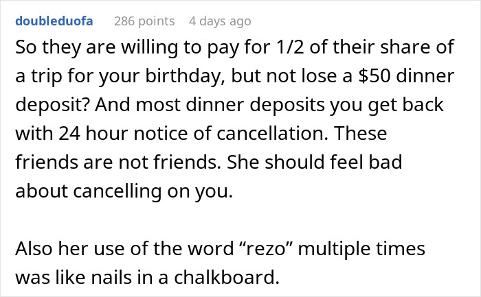 Screenshot of a discussion criticizing friends canceling a birthday getaway trip to have dinner without the birthday girl.