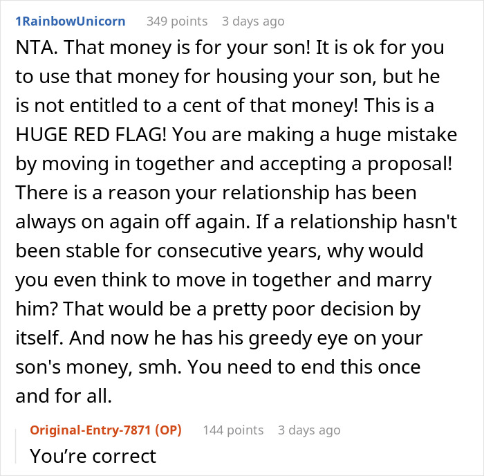 Comment discussing a woman&rsquo;s boyfriend showing greed over her son&rsquo;s survivor benefits, warning about relationship risks.