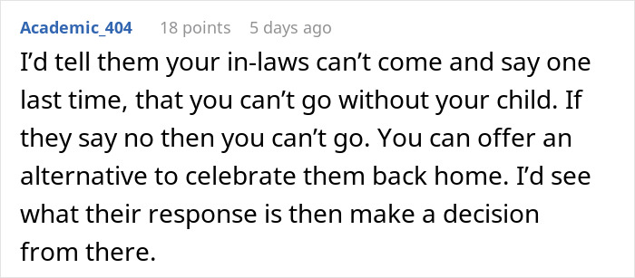 Text comment discussing in-laws not allowing a child at a wedding and suggesting alternatives, about bride banning BFF’s baby. Text comment discussing in-laws not allowing a child at a wedding and suggesting alternatives, about bride banning BFF’s baby.