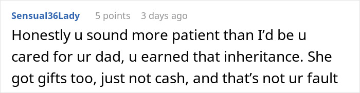 Screenshot of a social media comment discussing a woman uninviting her sister over a $30K wedding gift dispute.