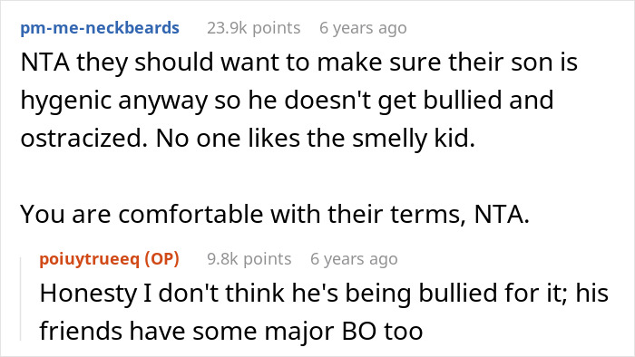 Reddit user comments discussing teen creating a hygiene checklist for brother before school drives and parental reactions.