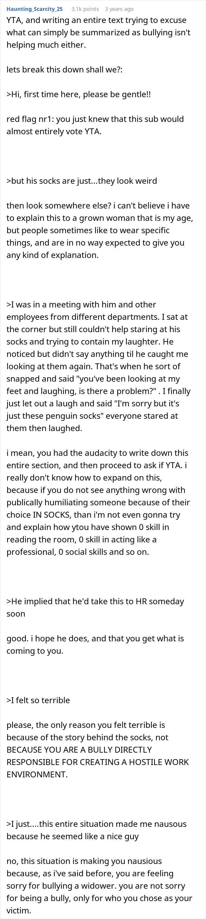 Text discussing workplace harassment where a woman mocks a coworker’s colorful socks, leading to HR involvement. Text discussing workplace harassment where a woman mocks a coworker’s colorful socks, leading to HR involvement.