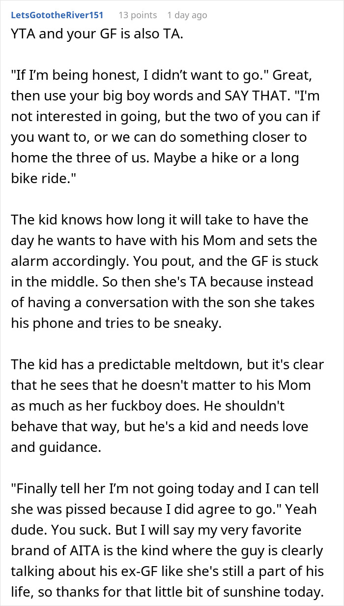 Reddit comment discussing a meltdown about mountain biking at 6:30 a.m. involving a man and his girlfriend&rsquo;s son.