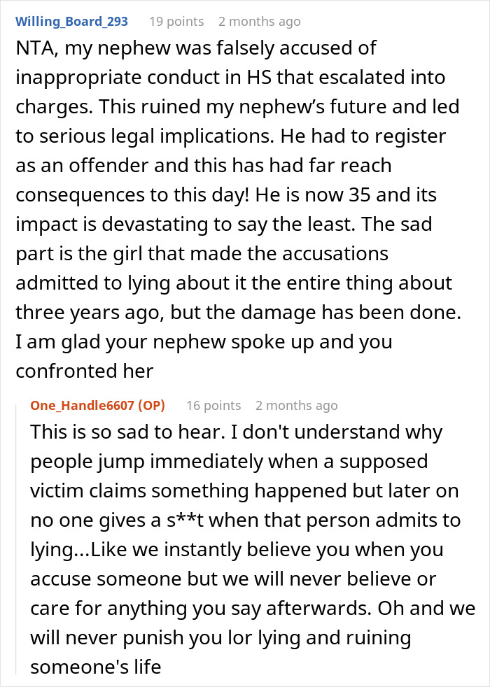 Text discussion about a nephew&rsquo;s false accusation and the impact on brother-daughter family drama and trust issues.