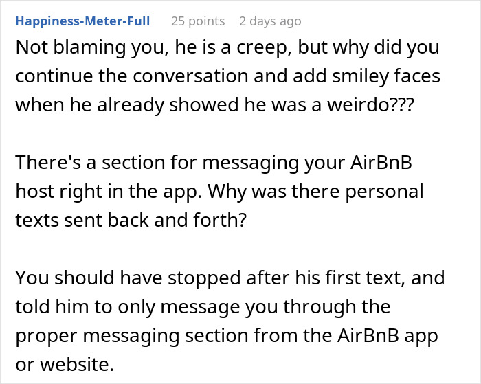 Comment discussing a woman worried about creepy Airbnb host texts and advising to use the official messaging app.