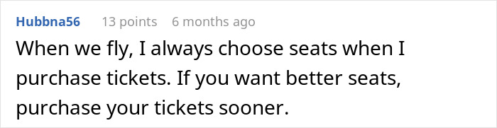 Screenshot of a user comment about choosing plane seats early, related to a woman refusing to give up her plane seat.