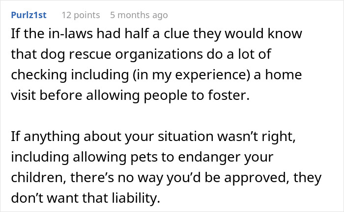 Comment discussing dog rescue organizations' home visits and concerns over pets endangering children amid CPS call fears.