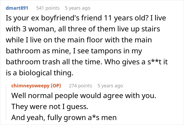 Reddit conversation about woman dumping boyfriend after being told her period is disgusting and should be hidden.