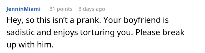 Reddit comment warning about a boyfriend&rsquo;s behavior related to a hidden device prank in a woman&rsquo;s closet.