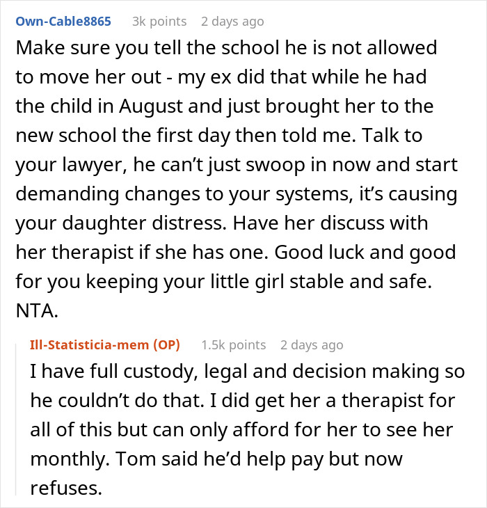 Reddit comments discussing child support and custody issues as mom gives dad a reality check on control and decisions.