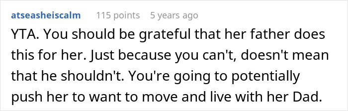 Screenshot of a forum comment discussing a mom telling her daughter she can&rsquo;t buy items deemed too expensive due to sibling fairness.