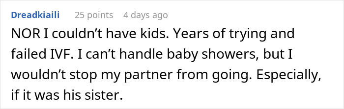 Comment about struggling with IVF and handling baby showers while supporting partner attending his sister&rsquo;s baby shower.