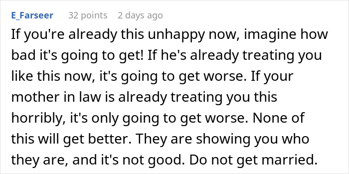 Commenter warns about worsening relationship as man lashes out at fianc&eacute;e after family dress shopping without her.