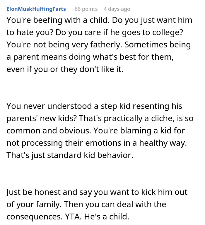 Commenter discussing stepchild resentment and a man denying his stepson&rsquo;s pleas to contribute to college fund.