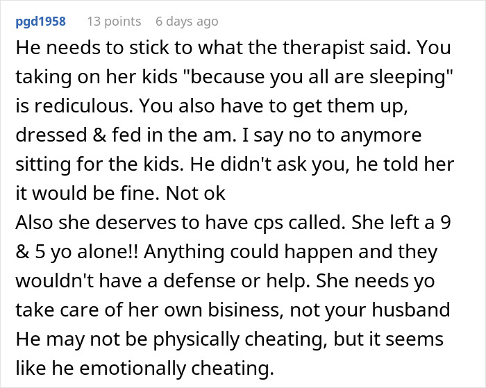 Comment discussing suspicion about nannying coworker&rsquo;s children and concerns over emotional cheating and child safety.