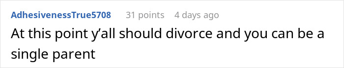 Comment suggesting divorce and becoming a single parent, highlighting husband expects wife to work and study with two kids.