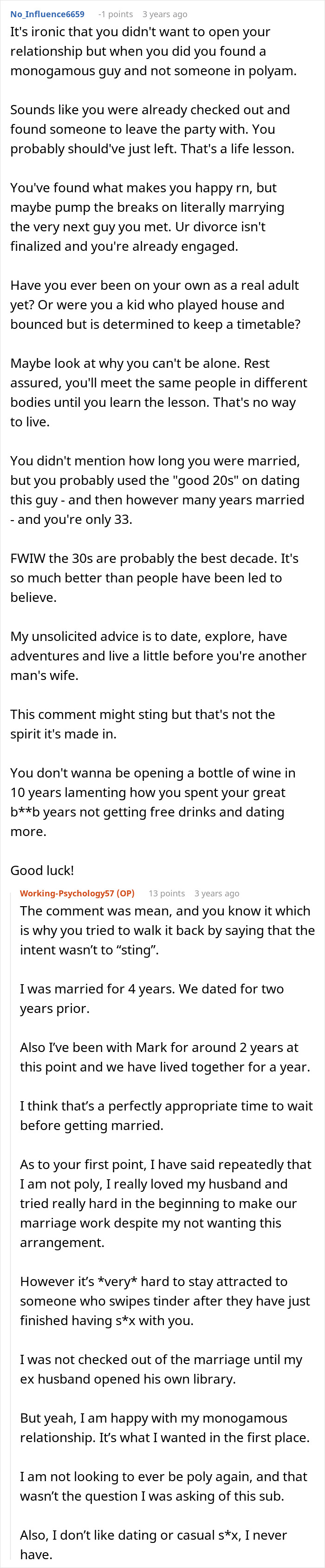 Reddit conversation about a guy coming out as poly and regretting open marriage after wife prefers her new partner.