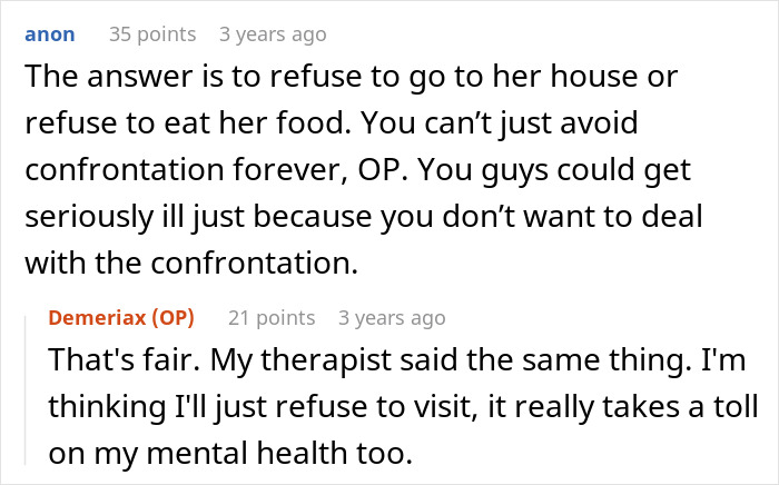 Conversation on refusing to eat cheap MIL's spoiled food, highlighting the emotional toll and bullying involved in the situation.