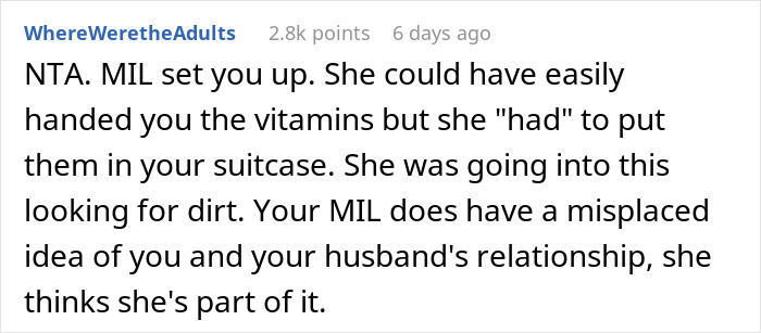 Screenshot of a Reddit comment criticizing a MIL for putting vitamins in a suitcase, highlighting MIL-criticizing behavior.