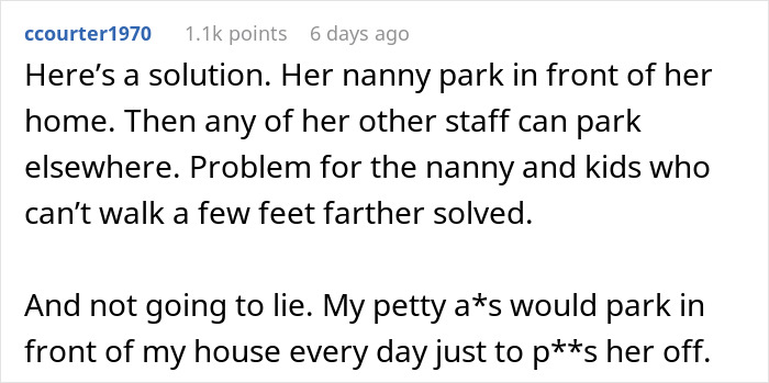 Comment discussing a neighbor upset over nanny parking in front of home as a solution to staff parking issues.