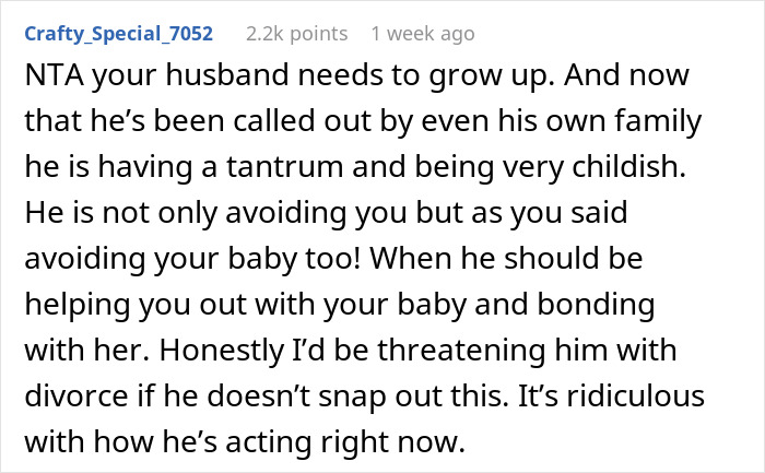 Comment discussing a husband calling his pregnant wife disgusting and ignoring their baby after being called out.