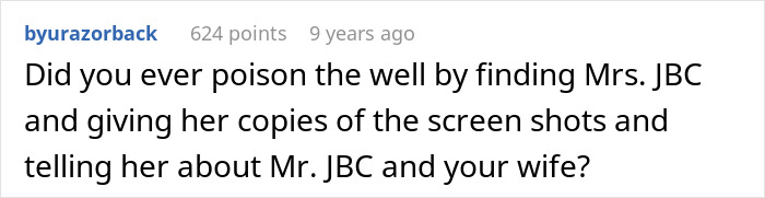 Screenshot of a forum comment discussing husband finding out wife cheating and planning pro revenge to walk away with everything.