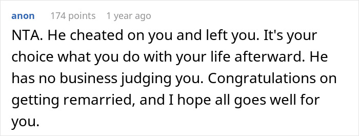 Comment praising a woman for choosing to remarry despite being upset by a cheater ex, offering support and well wishes. Comment praising a woman for choosing to remarry despite being upset by a cheater ex, offering support and well wishes.