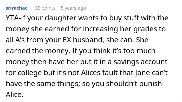 Reddit comment debating fairness of mom restricting daughter from buying items deemed too expensive to avoid sibling unfairness.