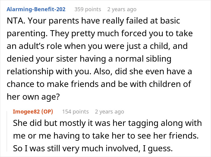 Text conversation about forced parenting role, expressing frustration over expectations placed on sister but not brother.