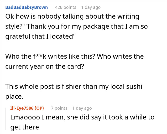 Reddit conversation discussing the writing style and authenticity of a found another woman Valentine card post.