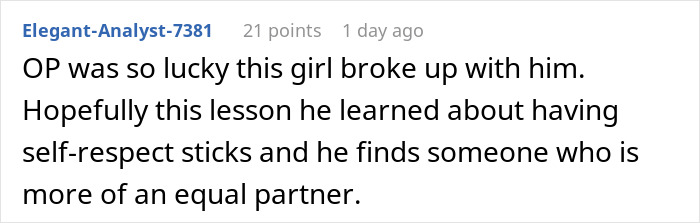 Comment on a forum about an entitled lady manipulating her boyfriend to break up and demanding free rides afterward.