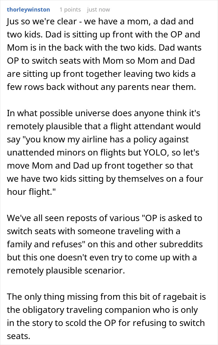 Text excerpt discussing a family asking a passenger to swap seats during a flight, causing drama on the journey.