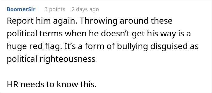Comment discussing political terms as bullying and urging HR to be informed about the gay man finding men's restroom unsafe.