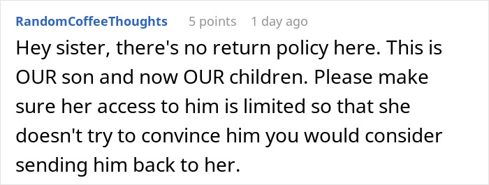 Comment text about a mom wanting her baby back after giving him up with no return policy mentioned.